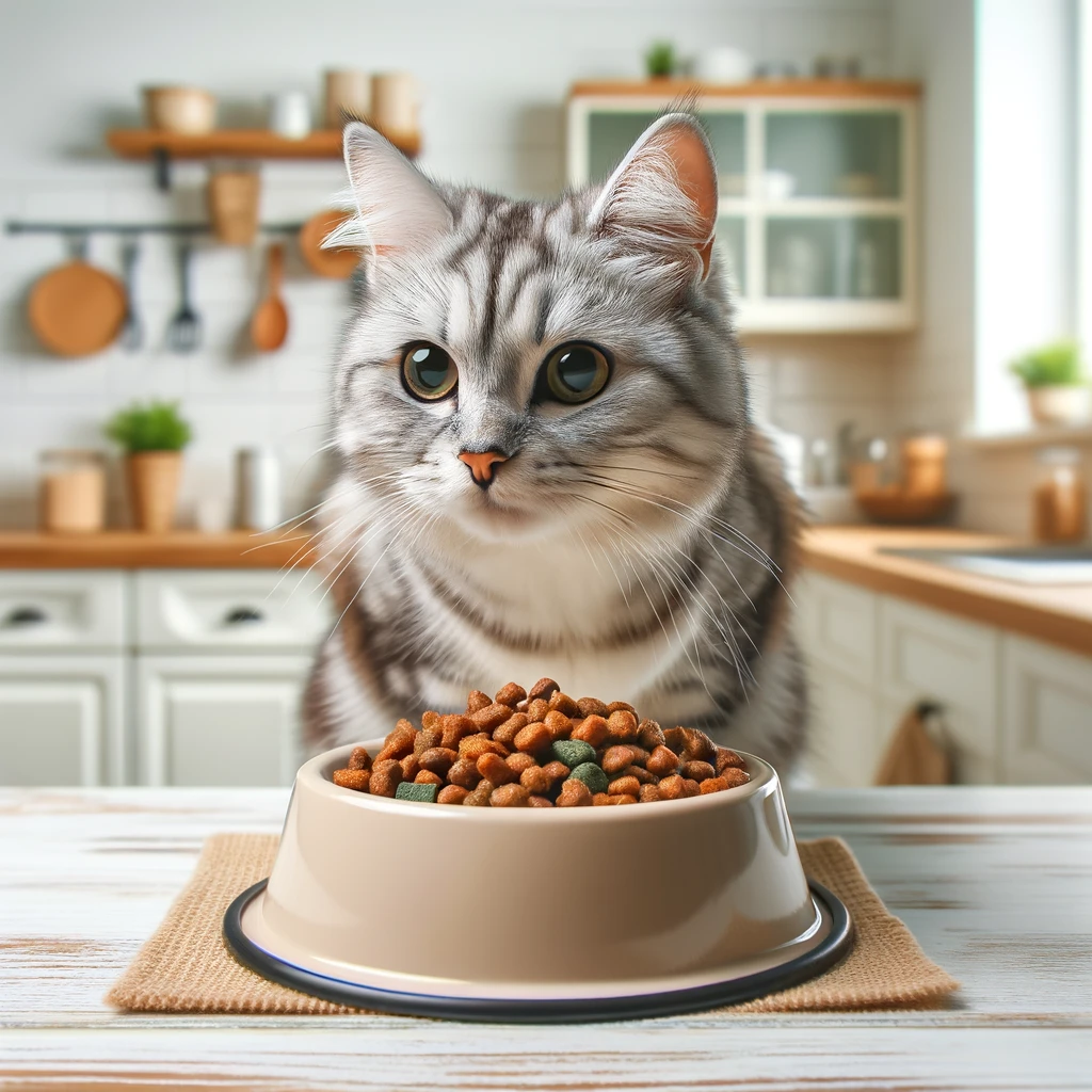 DALL·E 2024 05 21 21.27.22 A healthy domestic cat eating from a bowl of balanced cat food featuring a mix of proteins fats and carbohydrates. The background shows a clean and 1