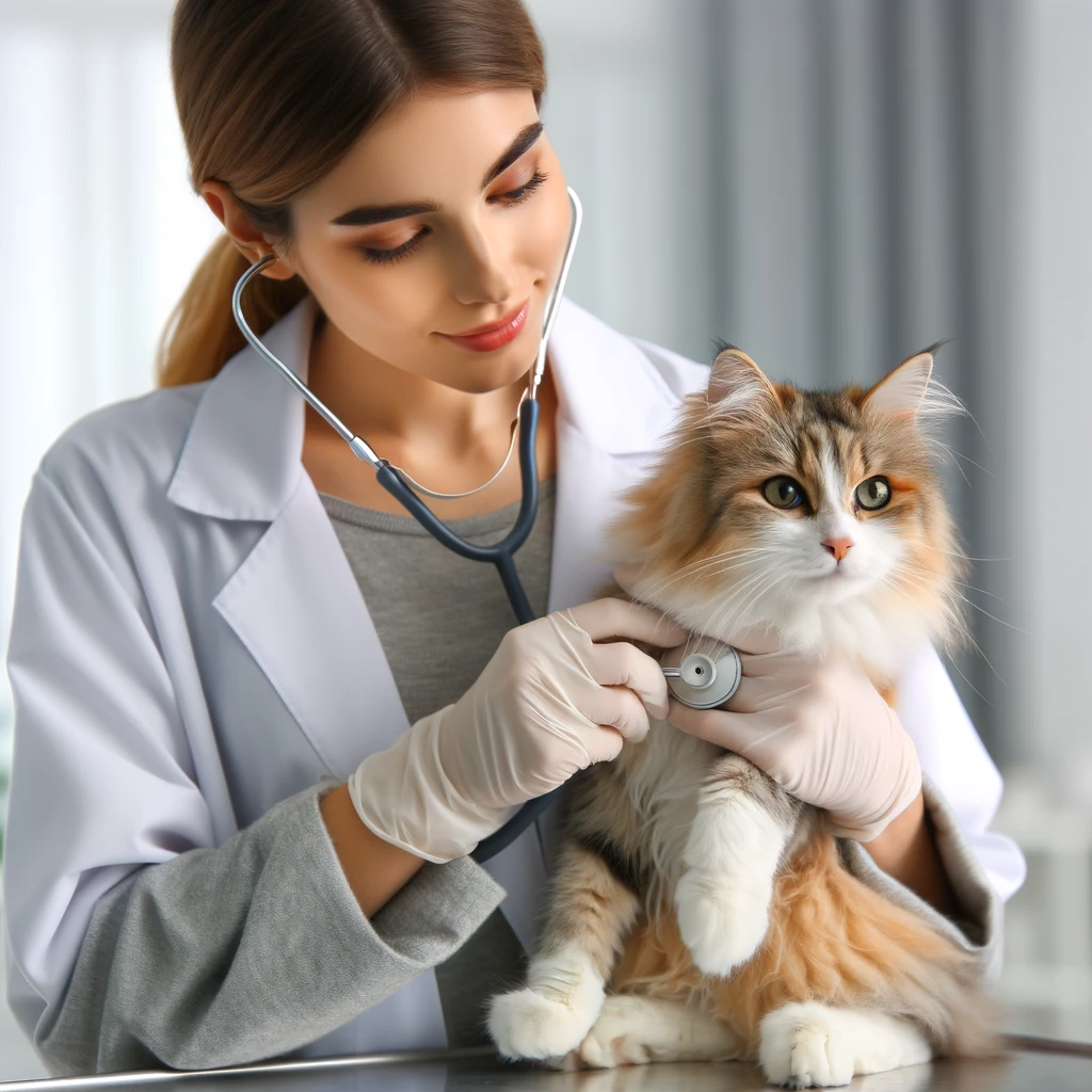 DALL·E 2024 05 21 22.15.12 A domestic cat being examined by a veterinarian in a clean and modern veterinary clinic. The veterinarian is gently holding the cat and using a stetho 2