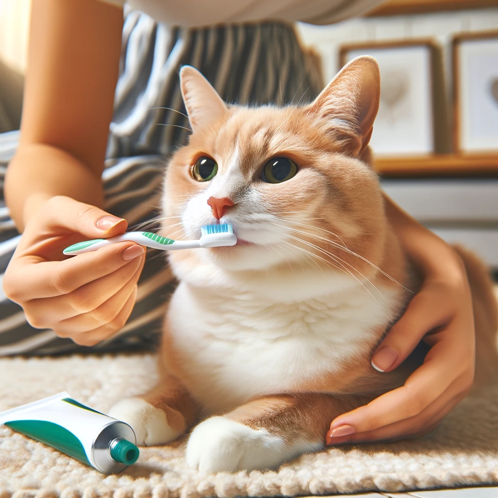 DALL·E 2024 05 21 22.22.01 A domestic cat having its teeth brushed by a person using a special cat toothbrush and toothpaste. The setting is a cozy home environment and the cat