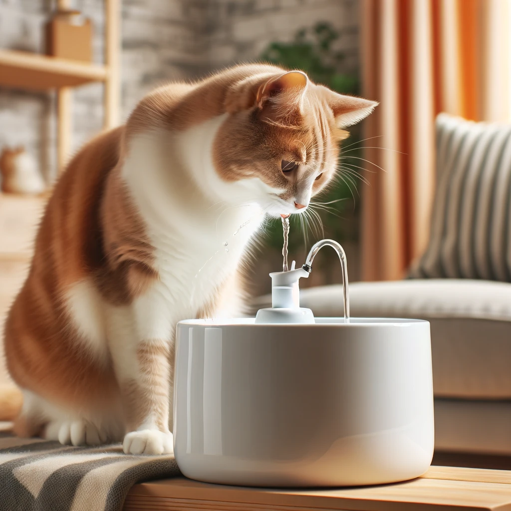 DALL·E 2024 05 21 22.30.25 A domestic cat drinking water from a clean and modern water fountain. The setting is a cozy home environment and the cat looks healthy and well hydra