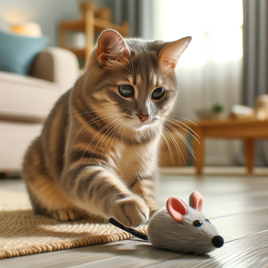 DALL·E 2024 05 21 22.48.15 A domestic cat playing with a toy mouse in a cozy living room. The cat looks active and engaged and the environment is clean and comfortable