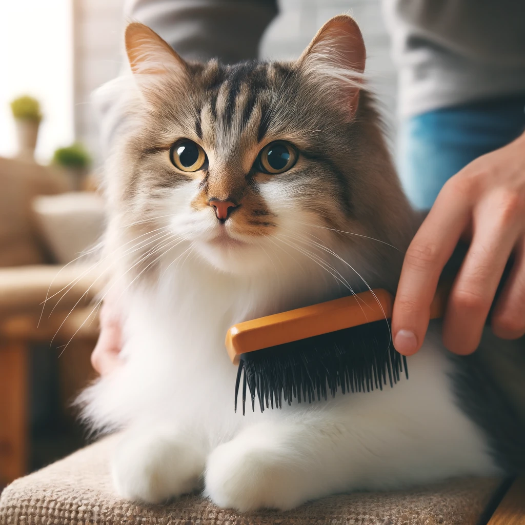 DALL·E 2024 05 21 22.53.35 A domestic cat being brushed by a person in a cozy home setting. The cat looks relaxed and well cared for with a soft and shiny coat