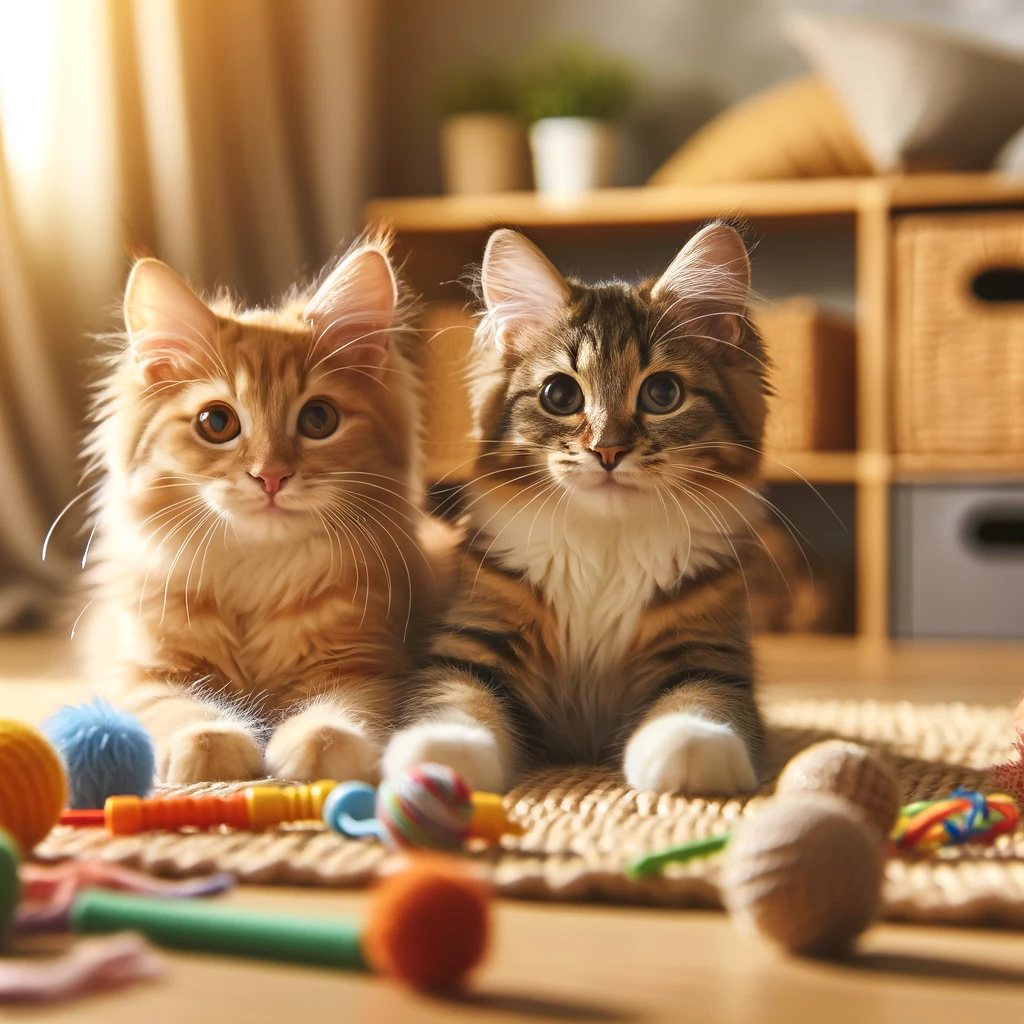 DALL·E 2024 05 21 22.59.55 Two domestic cats playing together in a cozy home setting. They look happy and engaged with toys scattered around them. The environment is warm and i