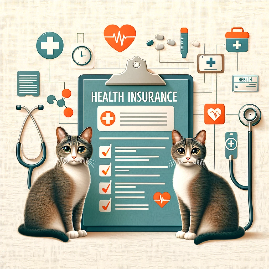 DALL·E 2024 05 22 14.59.03 Two cats sitting together with various elements representing health insurance. The elements include a clipboard with a checklist a stethoscope a hea